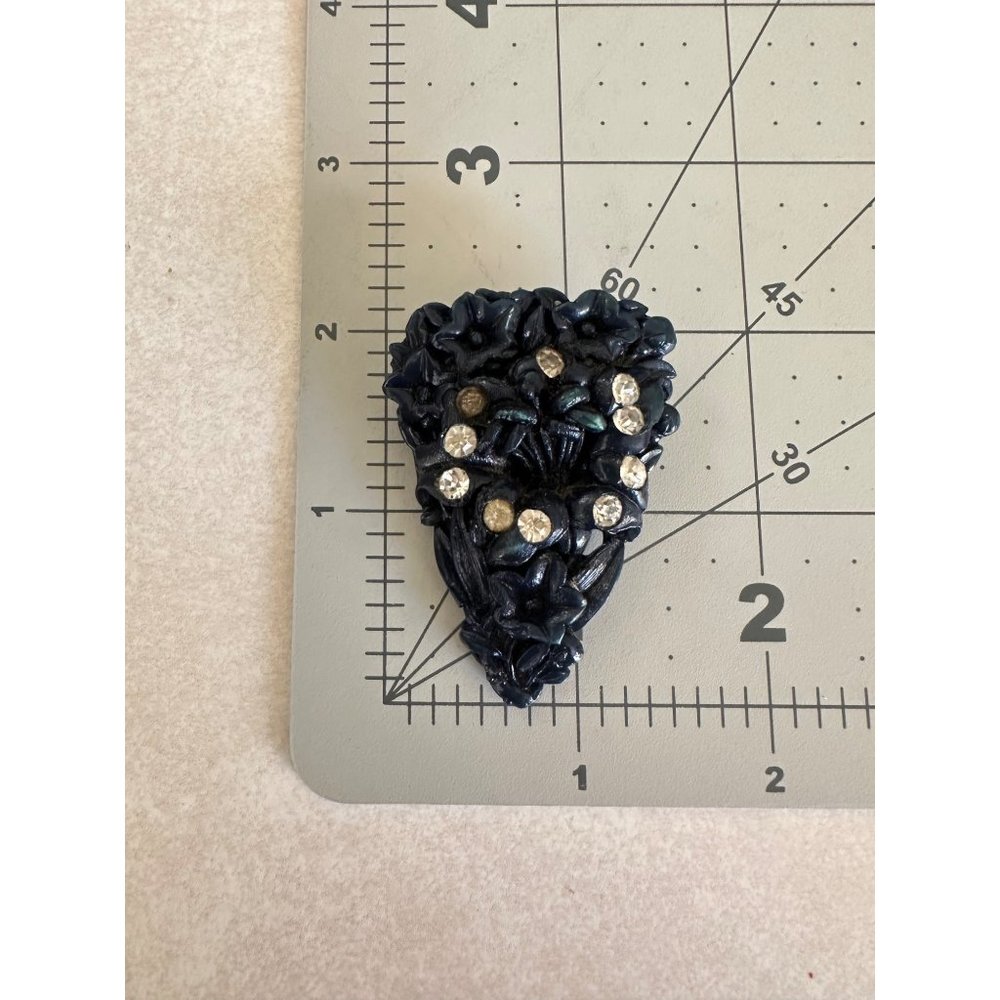 Antique Art Deco 1930s navy blue celluloid clear rhinestones floral pin brooch - Picture 6 of 6